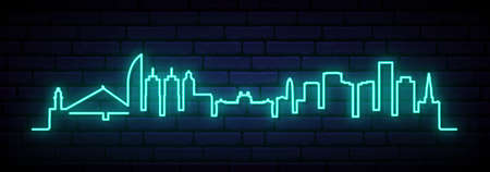 Blue neon skyline of Montevideo. Bright Montevideo City long banner. Vector illustration.のイラスト素材