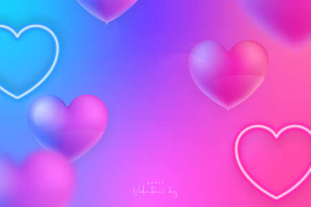 Happy Valentines Day holiday background. Blue and pink glowing hanging neon hearts. Flying colorful balloons with neon light reflection.のイラスト素材