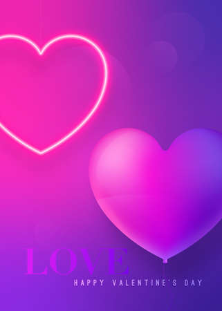 Valentine greeting card. Love happy valentines day text with flying heart air balloon and pink glowing neon heart lamp. Template for vertical banner, website advertising, party invitation, social media.のイラスト素材