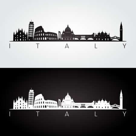 Italy skyline and landmarks silhouette, black and white design, vector illustration.のイラスト素材