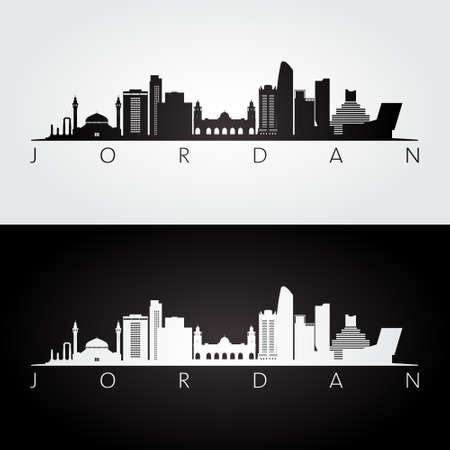 Jordan skyline and landmarks silhouette, black and white design, vector illustration.のイラスト素材