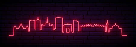 Red neon skyline of Bucharest. Bright Bucharest City long banner. Vector illustration.のイラスト素材