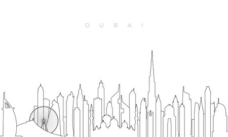 Outline Dubai skyline. Trendy template with Dubai city buildings and landmarks in line style. Stock vector design.のイラスト素材