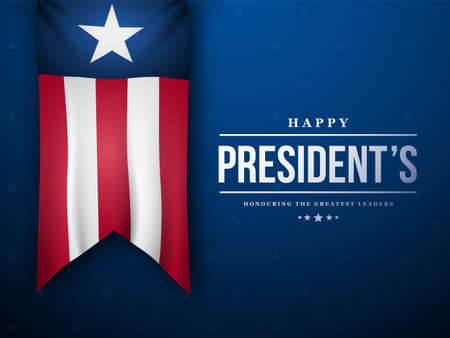 Happy Presidents' Day on blue background. Invitation card waving national flag. Poster, brochure or flyer template.のイラスト素材