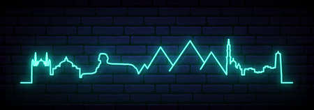 Blue neon skyline of Giza. Bright Giza City long banner. vector illustration.のイラスト素材