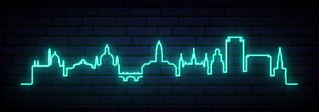 Blue neon skyline of Dresden. Bright Dresden City long banner. vector illustration.のイラスト素材