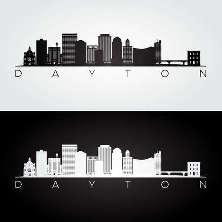 Dayton, OH skyline and landmarks silhouette, black and white design, vector illustration.のイラスト素材