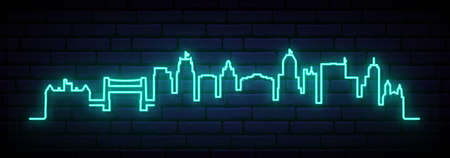 Blue neon skyline of Newark. Bright Newark City long banner. vector illustration.のイラスト素材