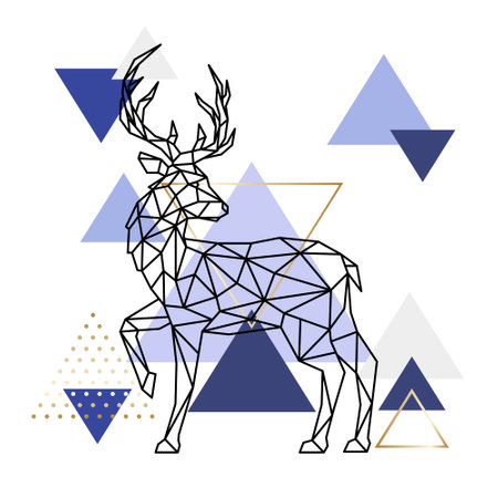 Geometric deer standing with raised leg against on modern Scandinavian pattern of purple triangles. Reindeer male. stock vector illustration.のイラスト素材
