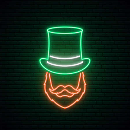 Glowing sign of Irishman with a ginger beard in a hat. Vector Man avatar in neon style. St. Patrick's day design.のイラスト素材