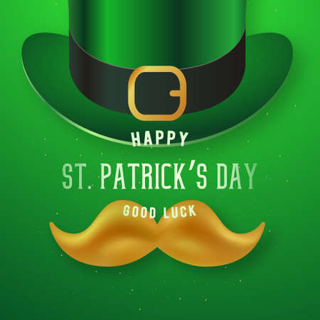 happy st. Patrick's Day design with retro hat and mustache. Vector template for greeting card, flyers or posters. Traditional ireland green bowler hat.のイラスト素材