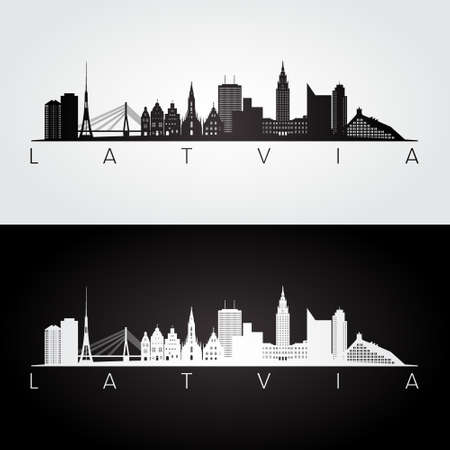 Latvia skyline and landmarks silhouette, black and white design, vector illustration.のイラスト素材