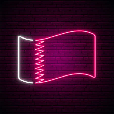 Qatar flag neon sign. Glowing waving Qatar national flag isolated on dark brick wall background. stock vector illustration.のイラスト素材