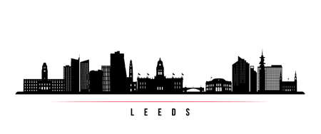 Leeds skyline horizontal banner. Black and white silhouette of Leeds, UK. vector template for your design.のイラスト素材