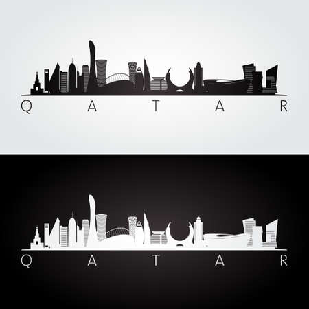 Qatar skyline and landmarks silhouette, black and white design, vector illustration.のイラスト素材