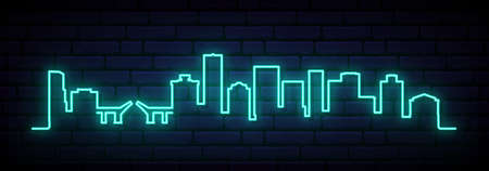 Blue neon skyline of Norfolk. Bright Norfolk City long banner. vector illustration.のイラスト素材