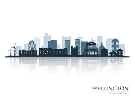 Wellington skyline silhouette with reflection. Landscape Wellington, New Zealand. vector illustration.のイラスト素材