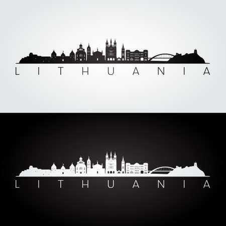 Lithuania skyline and landmarks silhouette, black and white design, vector illustration.のイラスト素材