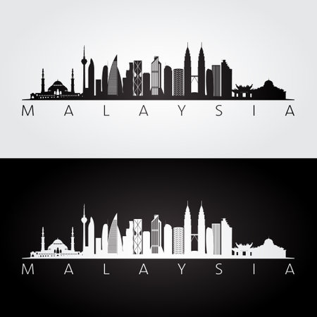 Malaysia skyline and landmarks silhouette, black and white design, vector illustration.のイラスト素材