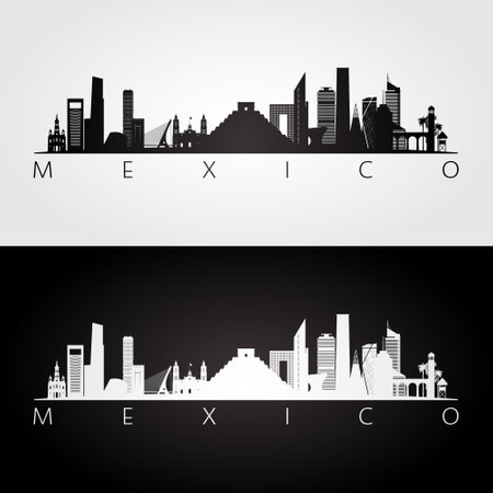 Mexico skyline and landmarks silhouette, black and white design. country landscape. vector illustration.のイラスト素材