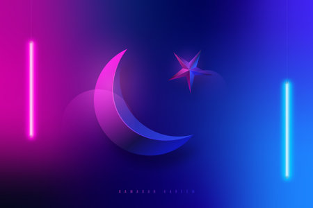 Modern blue and pink gradient banner for Ramadan Kareem. Trendy background design with 3d crescent moon, star and LED lamps.のイラスト素材