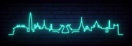 Blue neon skyline of St. Petersburg. Bright St. Petersburg city long banner. vector illustration.のイラスト素材