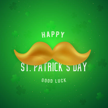 Happy Saint patrick's day template with shiny golden mustache on green background. vector design.のイラスト素材