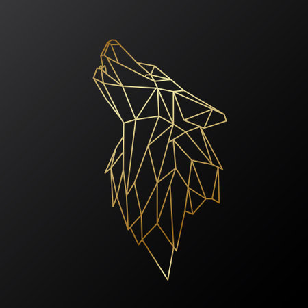 Golden geometric head of howling wolf. Muzzle of wild wolf.のイラスト素材