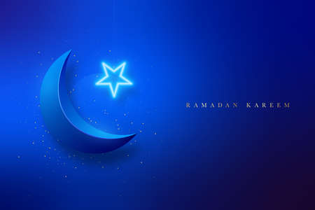 Ramadan Kareem luxury banner with shiny crescent moon, glowing neon star and golden glitter. modern blue background.のイラスト素材