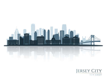 Jersey City skyline silhouette with reflection. Landscape Jersey City, New Jersey. vector illustration.のイラスト素材
