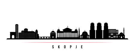 Skopje skyline horizontal banner. Black and white silhouette of Skopje, North Macedonia. vector template for your design.のイラスト素材