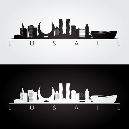 Lusail skyline and landmarks silhouette, black and white design, vector illustration.のイラスト素材
