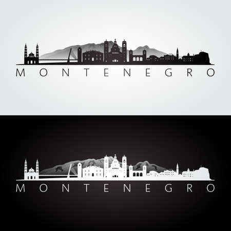 Montenegro skyline and landmarks silhouette, black and white design, vector illustration.のイラスト素材