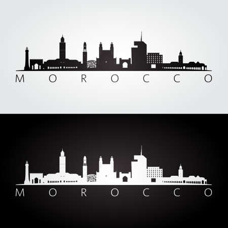 Morocco skyline and landmarks silhouette, black and white design, vector illustration.のイラスト素材