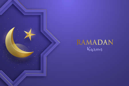 Ramadan Kareem modern greeting banner with gold 3d crescent, star, confetti and text. Modern Arabic background in very pericolor.のイラスト素材