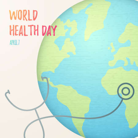 World Health Day concept illustration. 7th April global health awareness day. World health day concept with world globe, doctor stethoscope and textのイラスト素材