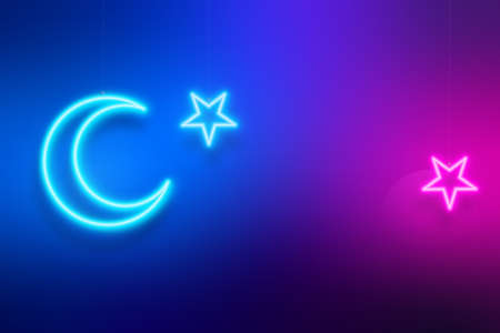 Pink and blue gradient banner for Ramadan Kareem. Bright modern design with neon crescent moon and stars. vector background.のイラスト素材