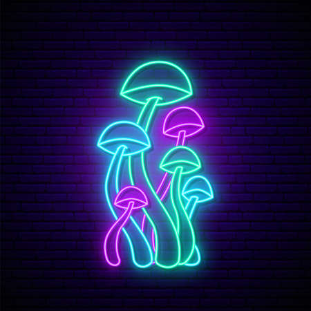 Set of neon colorful mushrooms. Bright luminous toxic mushrooms on dark brick wall background. Glowing magic art.のイラスト素材