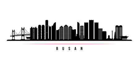 busan skyline horizontal banner. Black and white silhouette of Busan, South Korea. vector template for your design.のイラスト素材