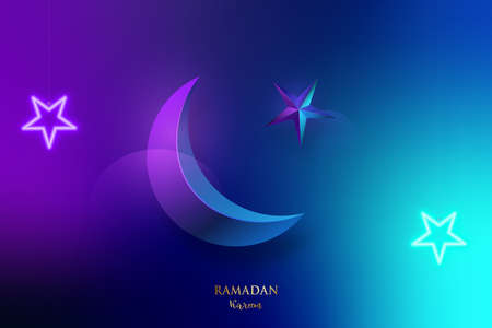 Modern banner for Ramadan Kareem. Trendy design with shiny crescent moon and neon stars on gradient blue background.のイラスト素材