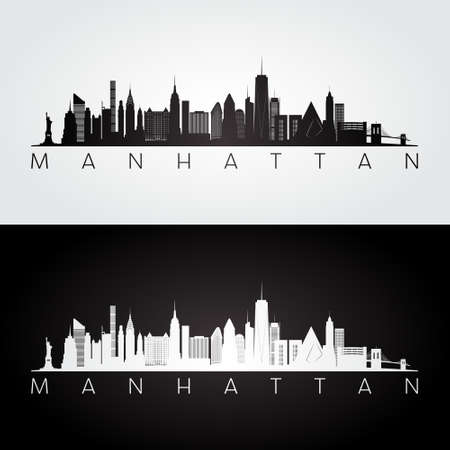 Manhattan, NYC skyline and landmarks silhouette, black and white design, vector illustration.のイラスト素材
