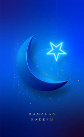 Luxury design for Ramadan Kareem with shiny crescent moon, glowing neon star and golden glitter. Vertical template for posters, social media, flyers, etc.のイラスト素材