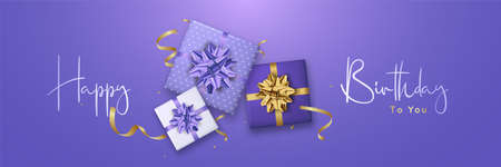 Bright horizontal banner with realistic gift boxes, confetti and text Happy Birthday. Vector background for birthday, party, anniversary, etc.のイラスト素材