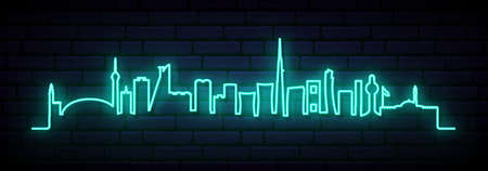 Blue neon skyline of Jeddah. Bright Jeddah City long banner. vector illustration.のイラスト素材
