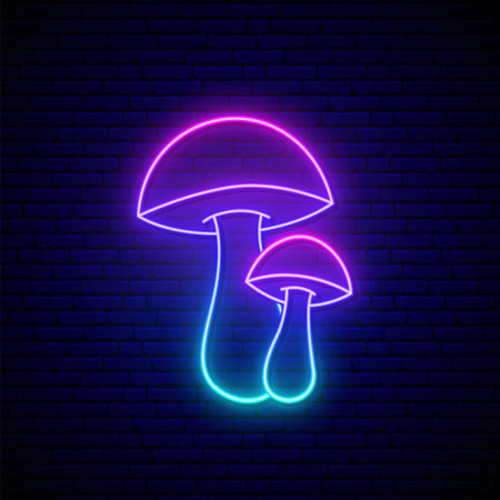 Fantasy luminous mushrooms in neon style. Glowing fungus on dark brick wall background. Fairy tale mushrooms with luminous blue and purple color gradient.のイラスト素材