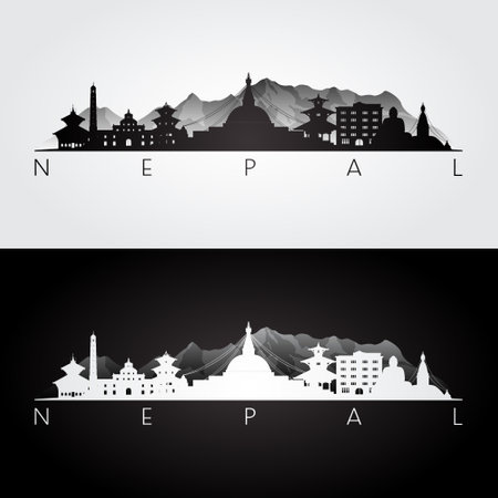 Nepal skyline and landmarks silhouette, black and white design, vector illustration.のイラスト素材