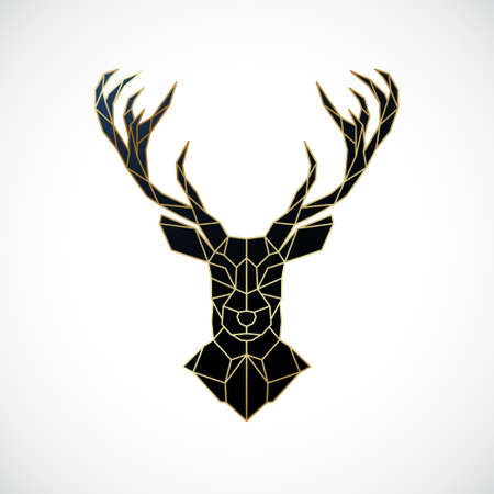 Geometric deer head illustration. Golden Polygonal reindeer emblem isolated on white background.のイラスト素材