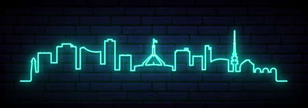 Blue neon skyline of Canberra. Bright Canberra City long banner. vector illustration.のイラスト素材