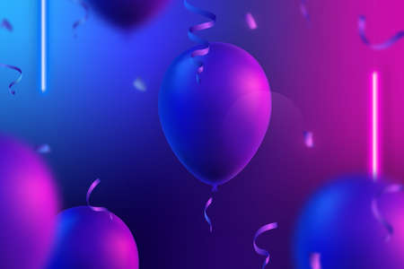 Modern background with realistic balloons, confetti and neon led lamps. Vector banner for advertising and branding. vector illustration.のイラスト素材