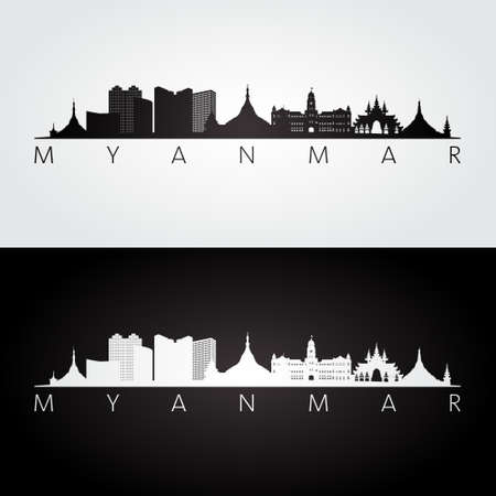 Myanmar skyline and landmarks silhouette, black and white design, vector illustration.のイラスト素材